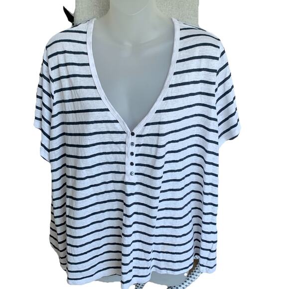 Old Navy Linen Blend Henley Shirt Women's Striped V-Neck Short Sleeve White 3X - Picture 2 of 12